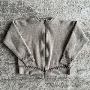 Vintage Eddie Bauer 100% Wool Fair Isle Nordic Beige Full Zip Sweater
